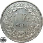 LaZooRo: Švica 1 Franc 1909 VF/XF d - Srebro