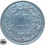 LaZooRo: Švica 1 Franc 1920 VF/XF i - Srebro