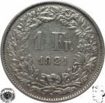 LaZooRo: Švica 1 Franc 1921 VF/XF e - Srebro