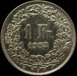 LaZooRo: Švica 1 Franc 1952 Specimen - Srebro