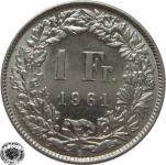 LaZooRo: Švica 1 Franc 1961 XF/UNC b - Srebro