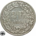 LaZooRo: Švica 2 Francs 1905 VF/XF b - Srebro