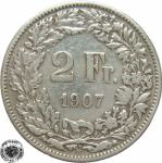 LaZooRo: Švica 2 Francs 1907 VF/XF c - Srebro