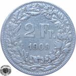 LaZooRo: Švica 2 Francs 1909 VF - Srebro