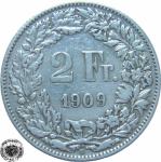 LaZooRo: Švica 2 Francs 1909 VF/XF a - Srebro