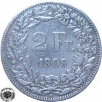 LaZooRo: Švica 2 Francs 1909 VF/XF e - Srebro