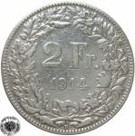 LaZooRo: Švica 2 Francs 1914 VF/XF d - Srebro