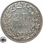 LaZooRo: Švica 2 Francs 1914 VF/XF f - Srebro
