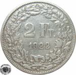 LaZooRo: Švica 2 Francs 1922 VF/XF b - Srebro