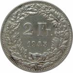 LaZooRo: Švica 2 Francs 1945 XF/UNC napaka - Srebro
