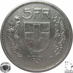 LaZooRo: Švica 5 Francs 1931 VF/XF TIP I 2h - Srebro