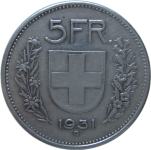 LaZooRo: Švica 5 Francs 1931 XF d - Srebro