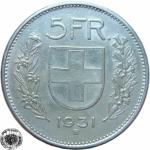 LaZooRo: Švica 5 Francs 1931 XF/UNC b - Srebro