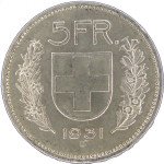 LaZooRo: Švica 5 Francs 1931 XF / UNC – srebro