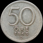 LaZooRo: Sweden 50 Ore 1943/4 XF ni v Krause redek - srebro