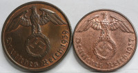 NEMČIJA 3rd Reich 1 & 2 Reichspfennig 1937 A 1939 J aUNC Pfennig