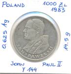 Poljska 1000 Zlotov 1983  srebrnik