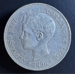 Španija 5 Pesetas 1896 srebro Alfonso XIII .900