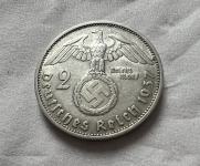 1937 F SREBRNIK Nemčija nacizem 2 Reichsmark 3. Reich nazi UNC (otaku)