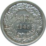 LaZooRo: Švica 1/2 Franc 1948 XF B prek B - Srebro