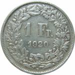 LaZooRo: Švica 1 Franc 1920 VF/XF d - Srebro
