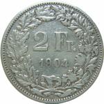 LaZooRo: Švica 2 Francs 1904 VF/XF a redkejši - Srebro