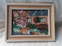 Gobelin v lepem lesenem širokem debelem okvirju s steklom 29,5 x 23 cm