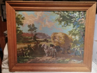 Gobelin v lepem širokem lesenem okvirju s steklom 73 x 60 cm