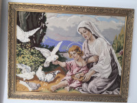 Velik gobelin,hranjenje golobov,star okvir, star gobelin