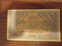 Bankovec 20 din, pretisk 80 kron, kraljevina SHS