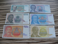 Jugoslavija 10, 100, 1000, 5000, 50000, 500000 dinarjev 1994