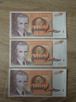 Jugoslavija 1990 1000 dinarjev UNC serija AB, AC in AG.