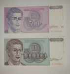 Prodam bankovca 500 dinarjev in 100000000 dinarjev