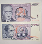 Prodam bankovca 5000 dinarjev 1985 in 1991 UNC
