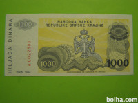 SRBSKA KRAJINA, KNIN 1994 - 1000 DIN TRDNJAVE - PRODAM
