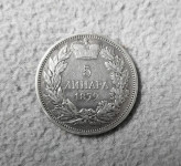 SREBRNIK 5 DINARJEV 1879-KNEŽEVINA SRBIJA