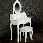 vidaXL Toaletna mizica z ogledalom in stolčkom bele barve