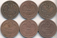 Austrija 2 Heller 1906, 7, 8, 11, 12, 14 -6 kovancev