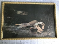 Speča mati z otrokom - slika pod steklom v lesenem okvirju