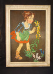 Starejša slika deklice ob rožah 41 x 30 cm, naslikana na blago