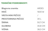 Električna ventilacijska pečica s prostornino 30 l.