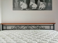 Masivna kovinska postelja z lesenim robom v barvi češnje