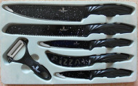 Neuporabljen komplet - 5 kuhinjskih nožev in lupilec