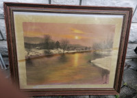 SLIKA v širokem poškodovanem okvirju s počenim steklom 78 x 62 cm