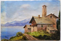 pogled na jezero, vas in gore - olje na platnu