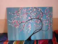Slika akril na platno, cvetoče drevo, japonska češnja