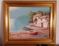 Slika ojle na platnu, morje, morska ribiška vas, vasica, darilo.