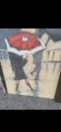 Slika, olje, dama z rdečim dežnikom