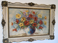 slikar Josip Pišof 1972 slika rože,olje na plato - vezna plošča
