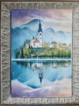 Umetniška slika, akvarel, Blejski otok, velikost 50×36 sm
